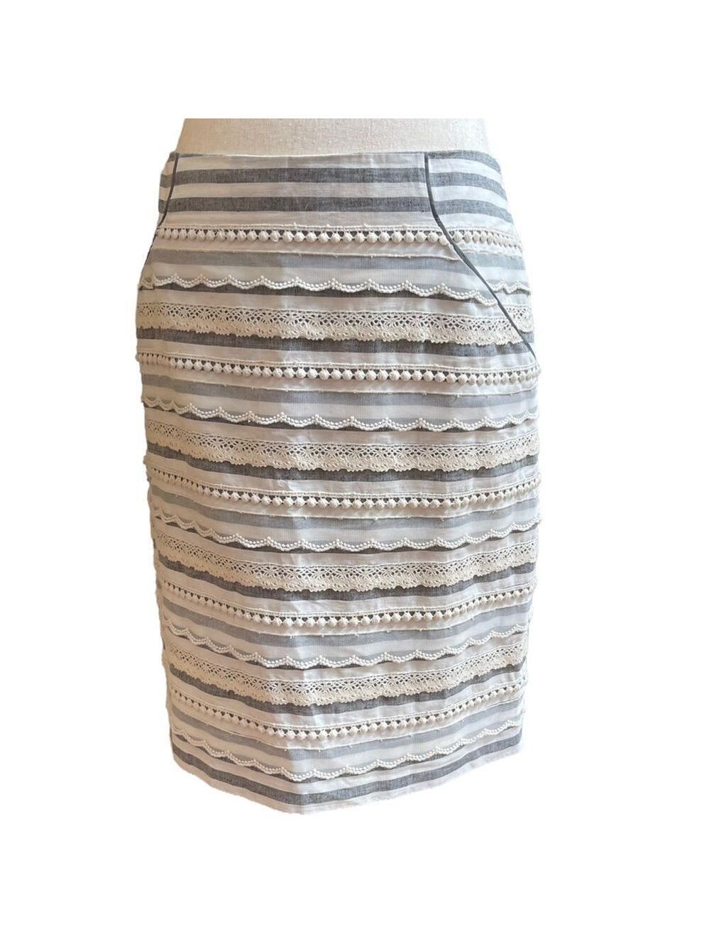 Anthropologie Tabitha Sailing Lace Striped Pencil Mini Skirt Small Linen/Cotton - Picture 2 of 13